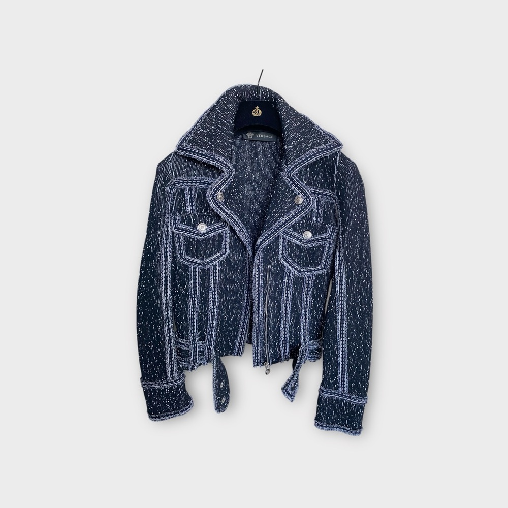 Authentic Versace cropped boucle tweed navy blue moto trucker denim jacket s m - Picture 4 of 13